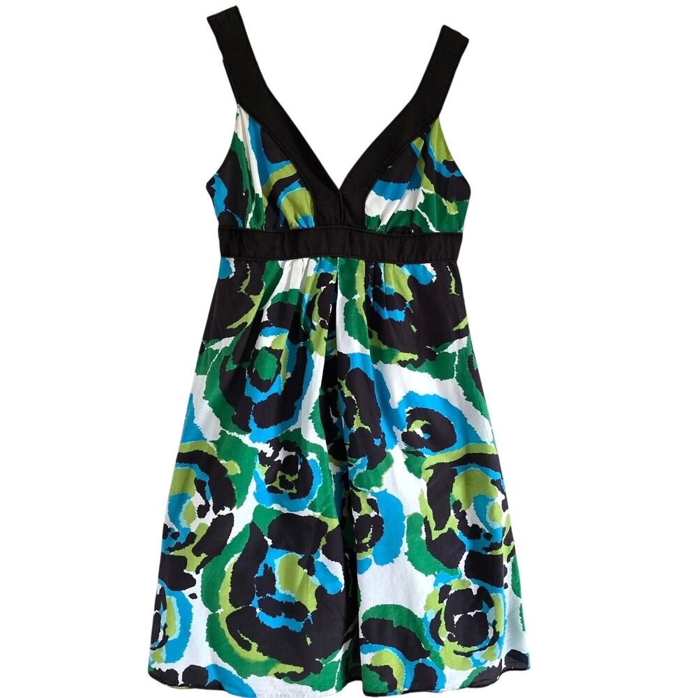 Banana Republic Y2K Babydoll Floral Mini Dress Sz-6 Cotton Silk Green Brown